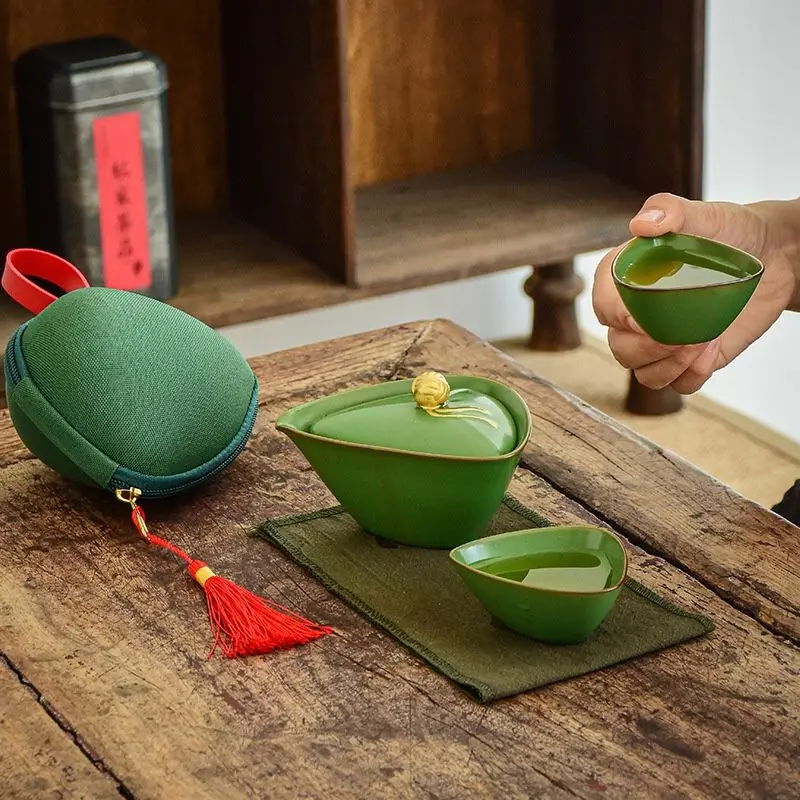 Ceramic Travel Tea Set, Green 1 Teapot, 2 Tea Cups, Quick-service Cups in Zongzi Shape, Outdoor Tea Set for Dragon Boat Festival