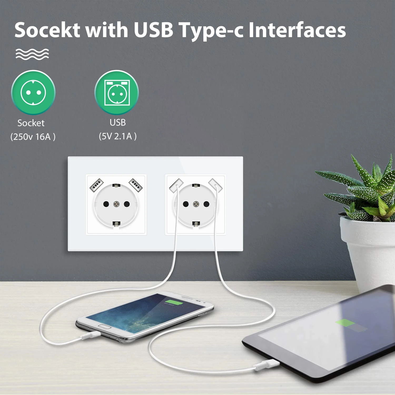 Bseed EU Russia Standard Wall Socket Module USB Type-C Outlet Ports 5V 2.1A Crystal Glass Panel Frame White DIY Parts