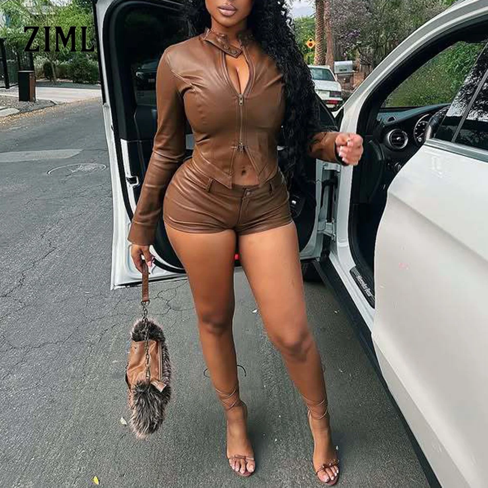 

ZIML однотонные утягивающие сексуальные кожаные комплекты из двух предметов для женщин, топ с круглым вырезом и длинными рукавами, мини-шорты с высокой талией, шикарный комплект, женский новый