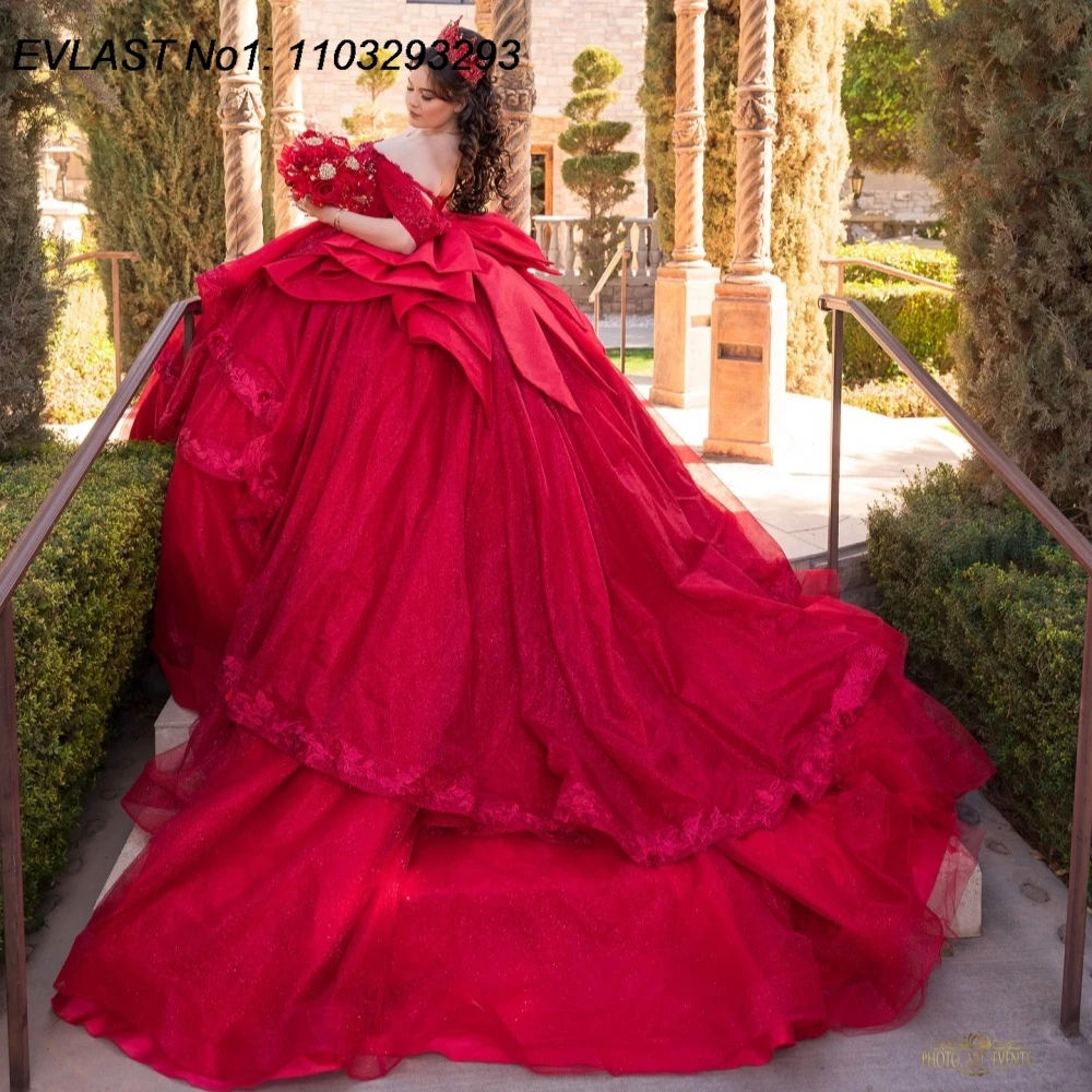 

EVLAST Красное бальное платье по индивидуальному заказу 2025 года, платье Quinceanera, кружевная аппликация, бисер, большой бант, многоуровневое милое платье 16, Vestidos De 15 Anos E1Q851