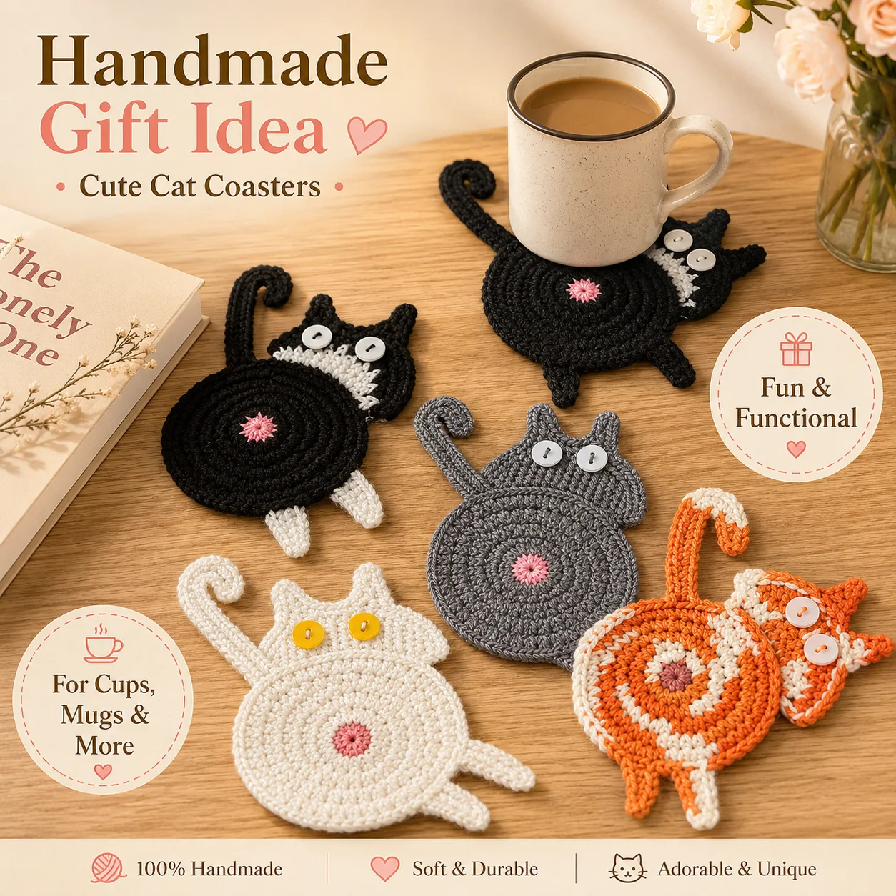 Cute Crochet Cat Coaster Handmade Cat Cup Mat Table Decor Cartoon Knitted Mug Pad for Coffee Tea Home Gift