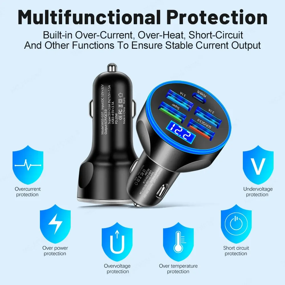 5 Port USB Car Charger PD Type C 250W Super Fast Charger Led Digital Display Charger For Audi Golf For Passat Bmw Car supplies