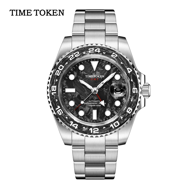 TIME TOKEN 2025 40mm Men's Carbon Fiber Automatic Watch Luxury Diver's 100m Water Resistant