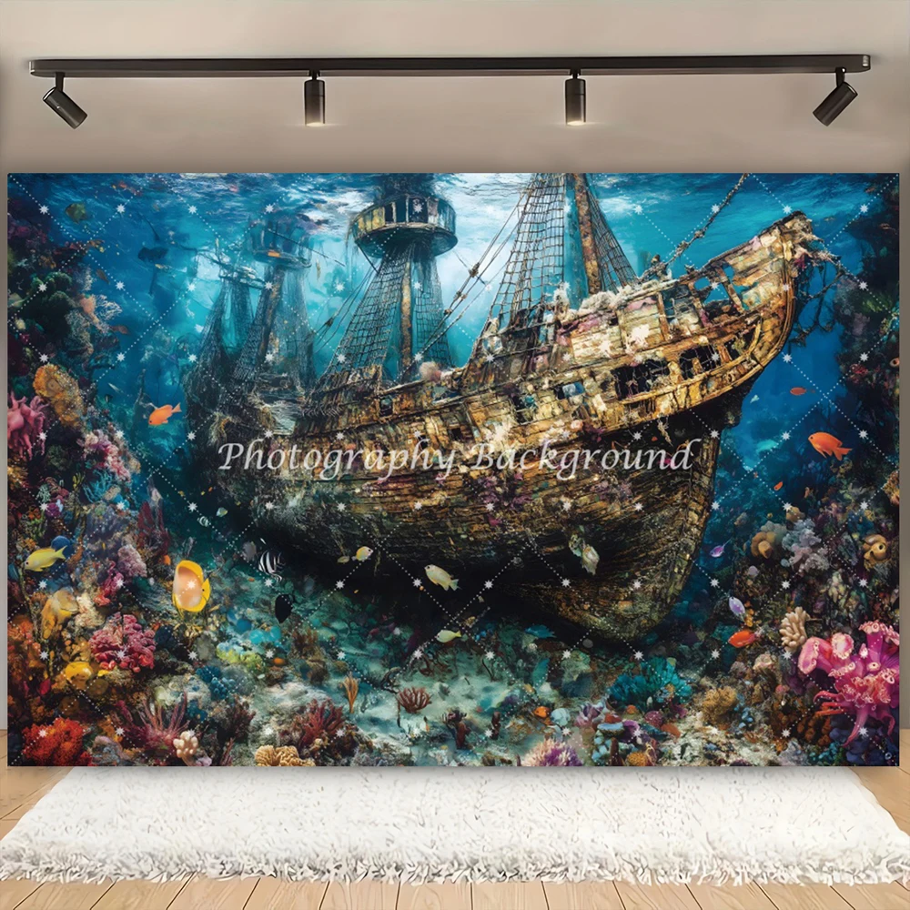 

Underwater Shipwreck Treasure Backdrop Ghost Ship Pirate Treasure Wooden Sailboat Coral Photography Background Portrait Props