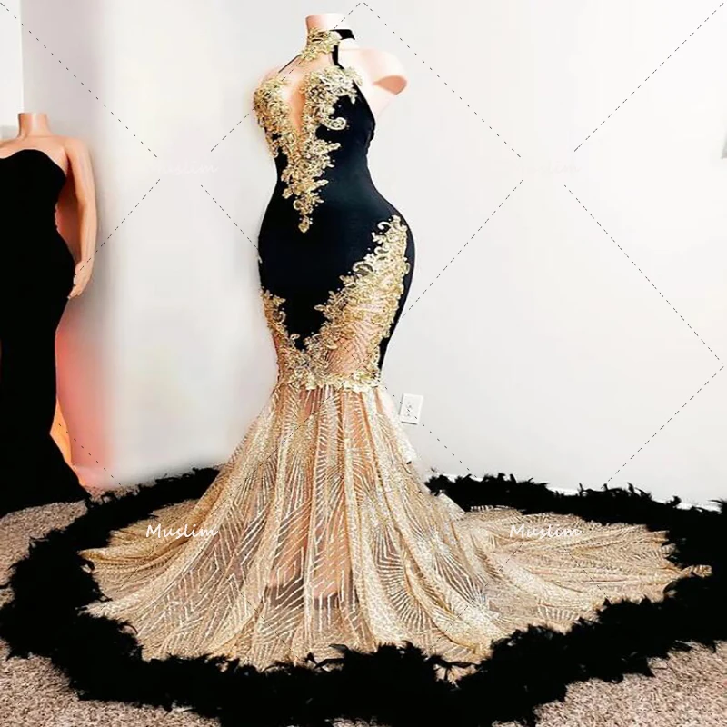 Robe de Rhorange pour filles noires avec plume et paillettes, robe de soirée sirène, appliques dorées, Aso Ebi, fête formelle, anniversaire personnalisé