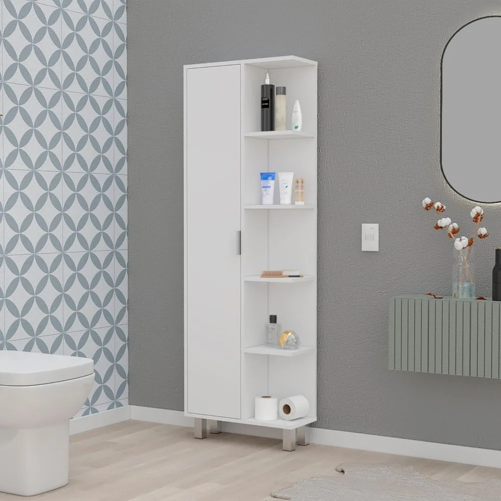 

Maximize Bathroom Storage with Elegant 1-Door Linen Cabinet, 9 Spacious Shelves, Classic White Finish