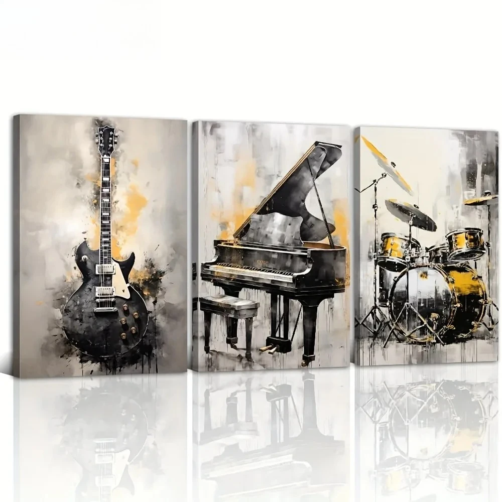 3pcs  Black and Golden Music Canvas Wall Art - Guitar, Piano, and Drum Combo Painting, Modern Instrument Artwork Suitable for