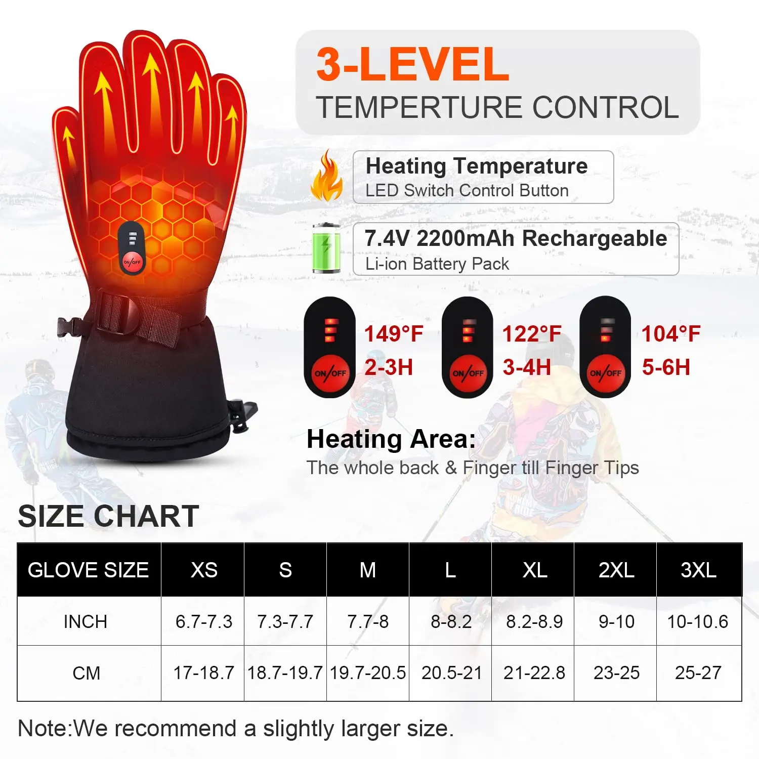 Heated Gloves for Men and Women, Hand Warmers, Rechargeable Powered Battery, Touchscreen, Water Resistant Heating, 7.4V, Winter