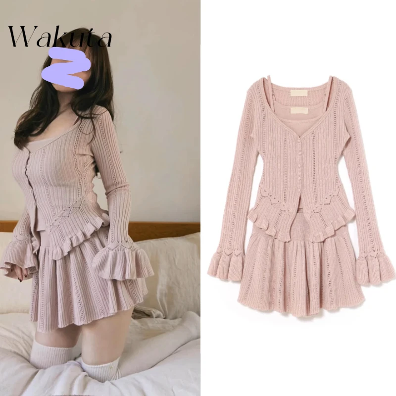 WAKUTA Japanese Elegant Sweet 2025 Spring Ear Edge Knitted Casual Long Sleeve Ladies' Niche A-line Short Skirts Y2k Sets Платье