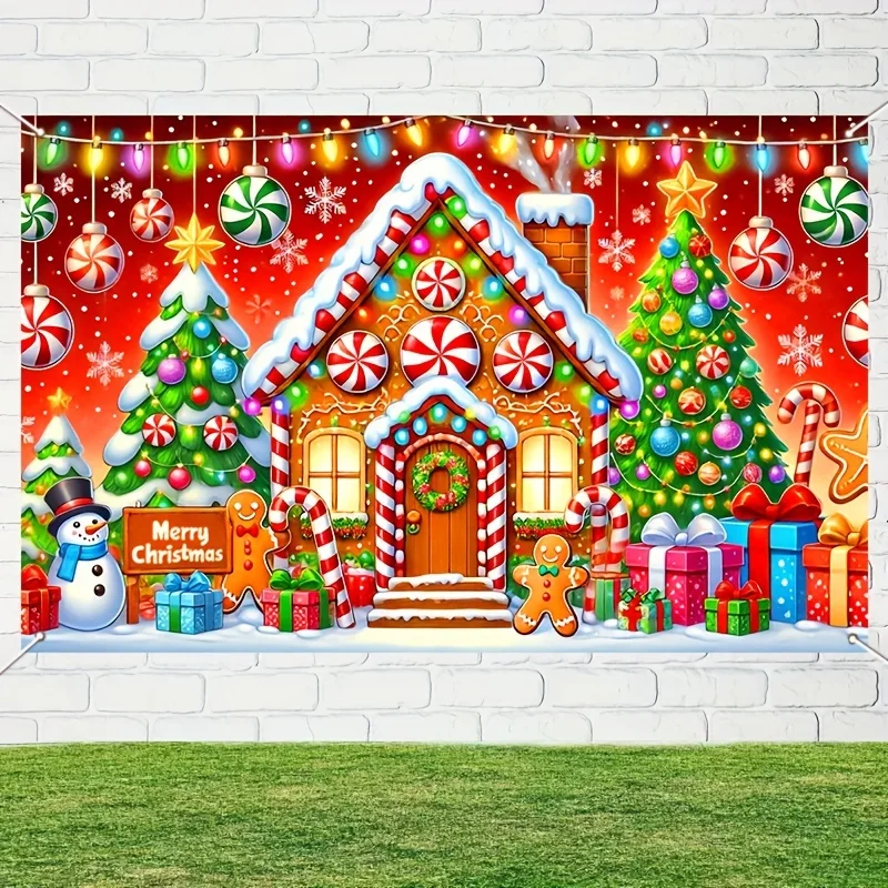 1 multi-purpose Christmas gingerbread house background - candy and trees, party decorations, event and garden decorations