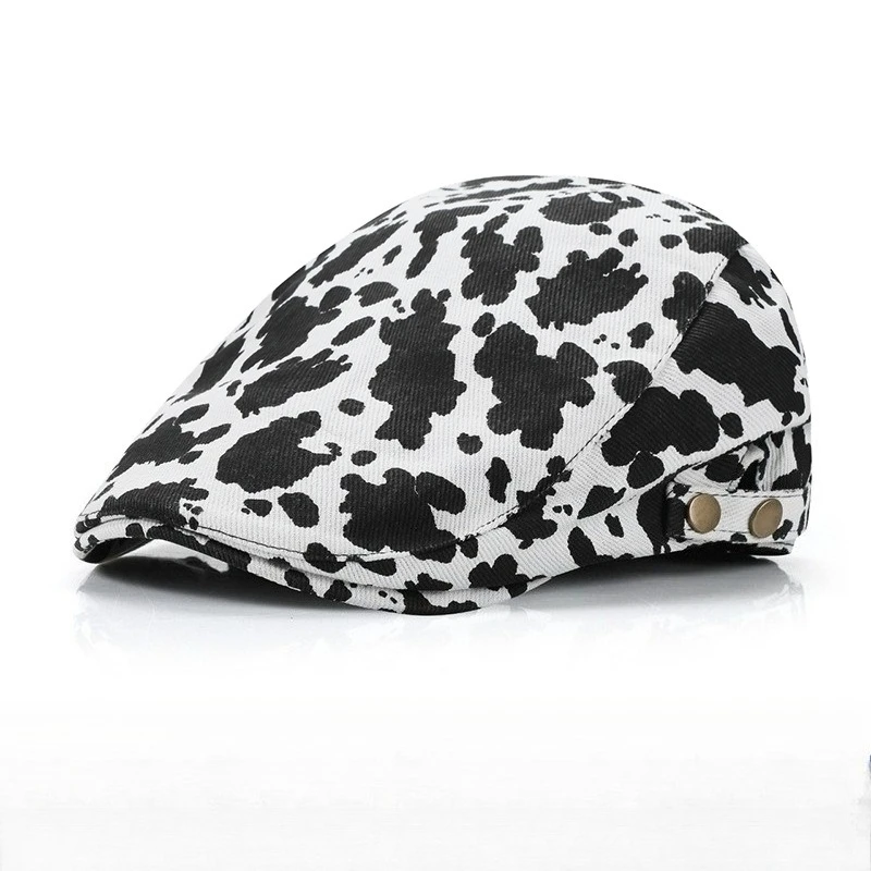 

Cow Print Canvas Beret & Newsboy Hat Vintage Black White Animal Pattern Adjustable Unisex Cap for Summer