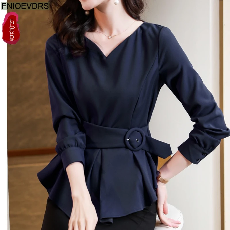 우아한 퍼플 탑 블라우스 새해 패션 여성 오피스룩 솔리드 긴팔 V넥 슬림 웨이스트 벨트 레이스업 베이직 셔츠