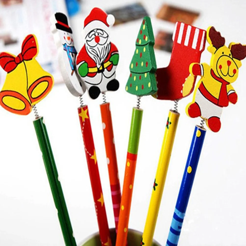 12 Pcs Flat Pupils Christmas Pencils Color Filter Paddles Bulk Wooden Bamboo Cartoon Kids