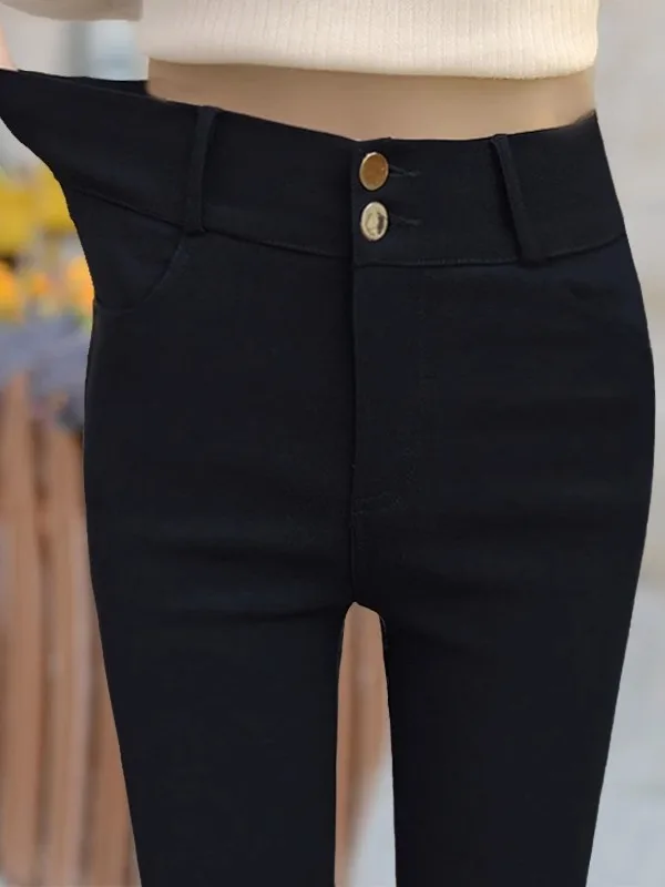 High Waist Fleece Lined Thickened Slimming Leggings Women's Casual Long Pants Tight Fit Black Pants Stylish Autumn Spring