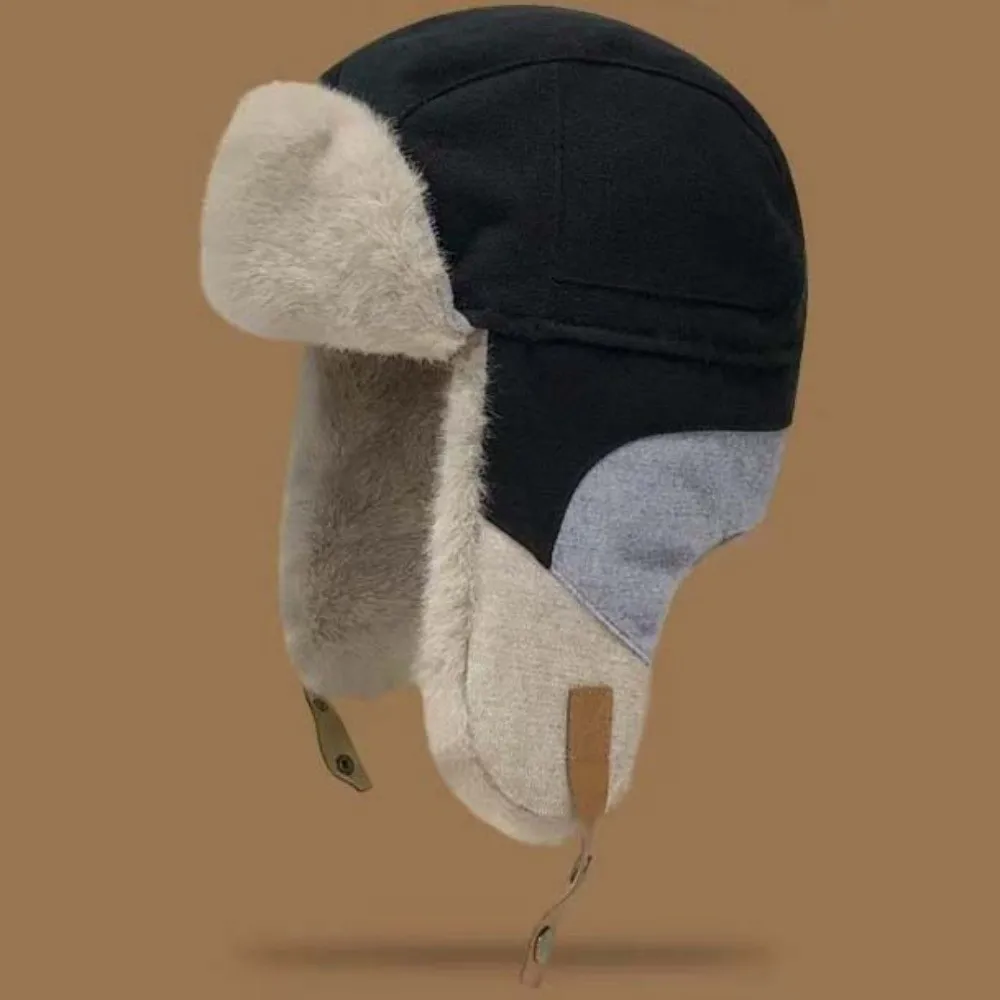 Farbblock-Wintermütze mit Fleece-Futter, Ohrenklappen, winddicht, windresistent, dicke, thermische Patchwork-Skimütze – Detail 8