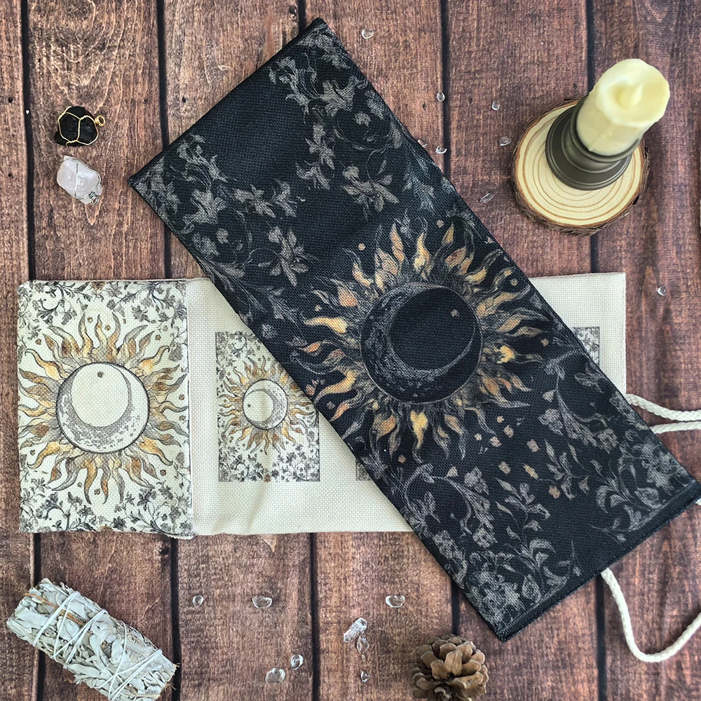 Sonne und Mond Tarot-Aufbewahrungstasche mit Blumen und Pflanzen-Design, Tarot-Tischdecke für Wahrsagerei, robuste Sonnenblumen-Wickeltasche aus Stoff