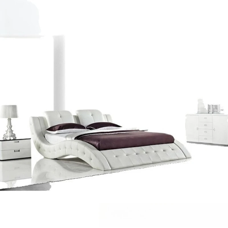 

Double cowhide bed, modern minimalist style, S-shaped leather bed with buckle personality