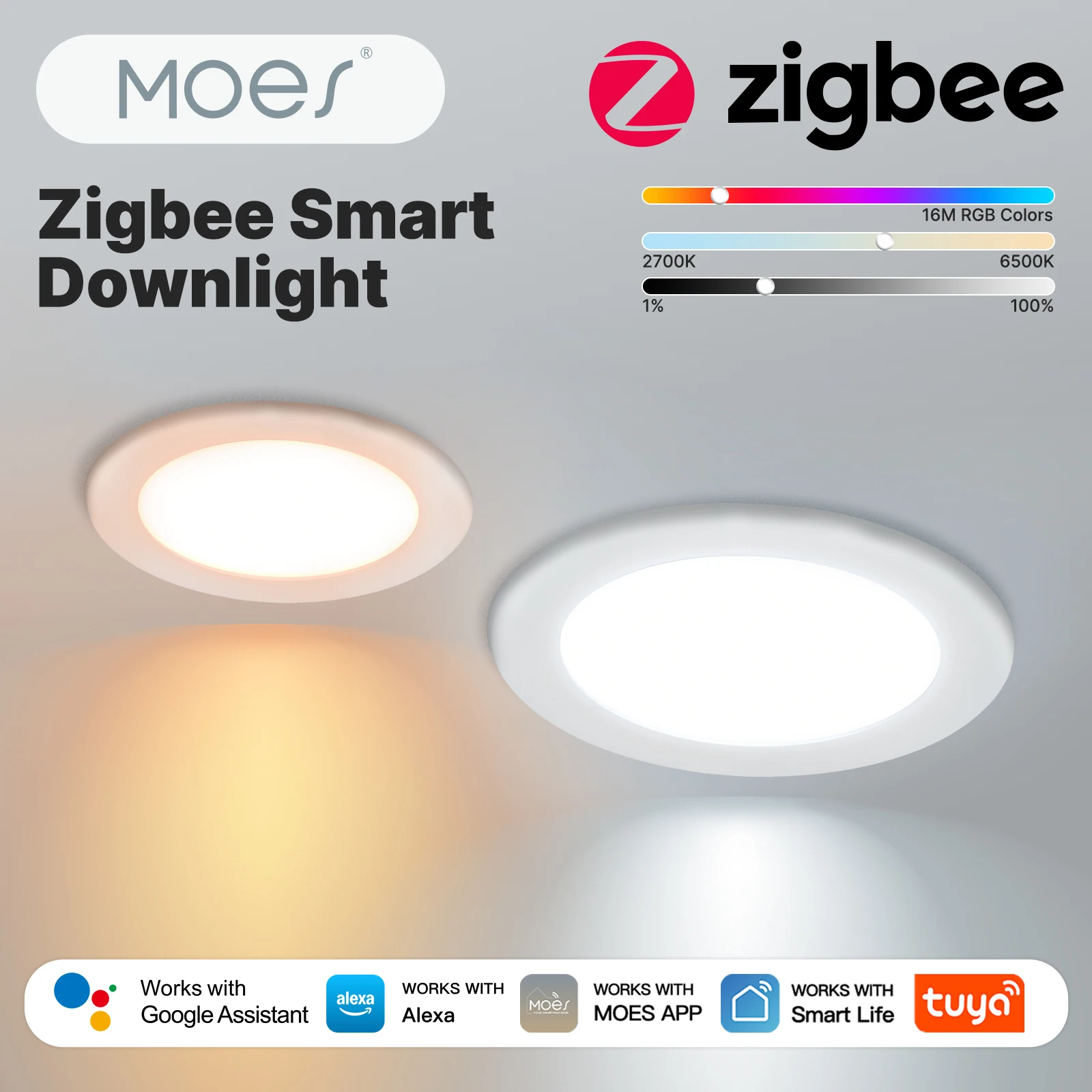 MOES Tuya ZigBee Smart LED Downlight Round Spotlights 9W/12W RGB Color Dimming Lamp Works with Alexa Google Home