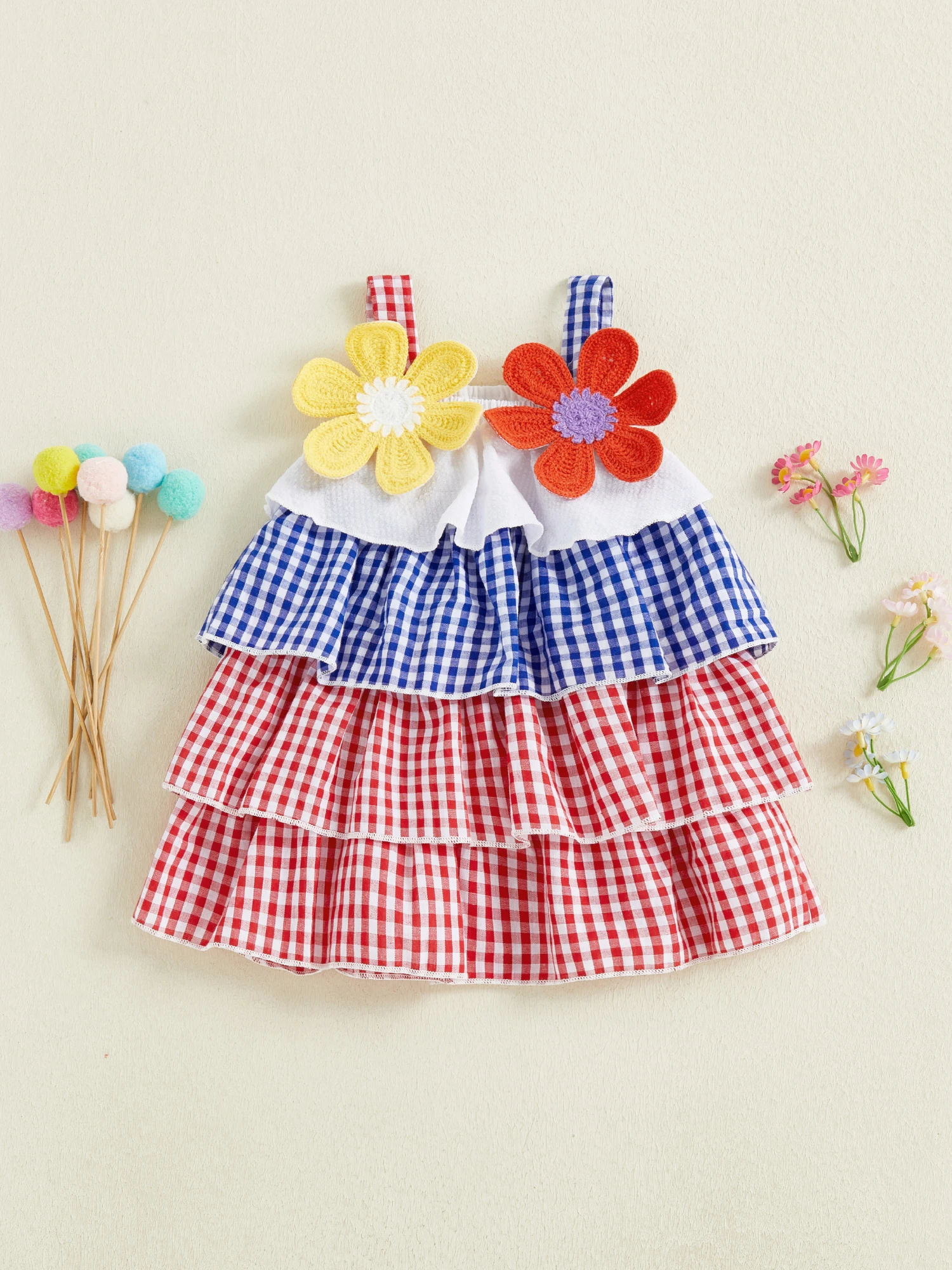 رائعتين الرضع الفتيات مخطط رومبير أنيق بلا أكمام كشكش الأزهار بذلة الصيف المألوف لطيف الزي #5