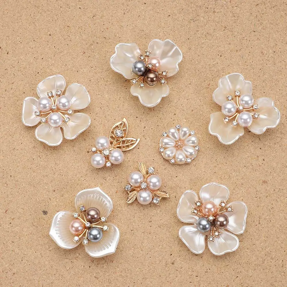 10PCS Pearl Flower Rhinestone Buttons Sparkling Crystal Hairpins Decorative Buttons for Clothes DIY Apparel Sewing Accessories