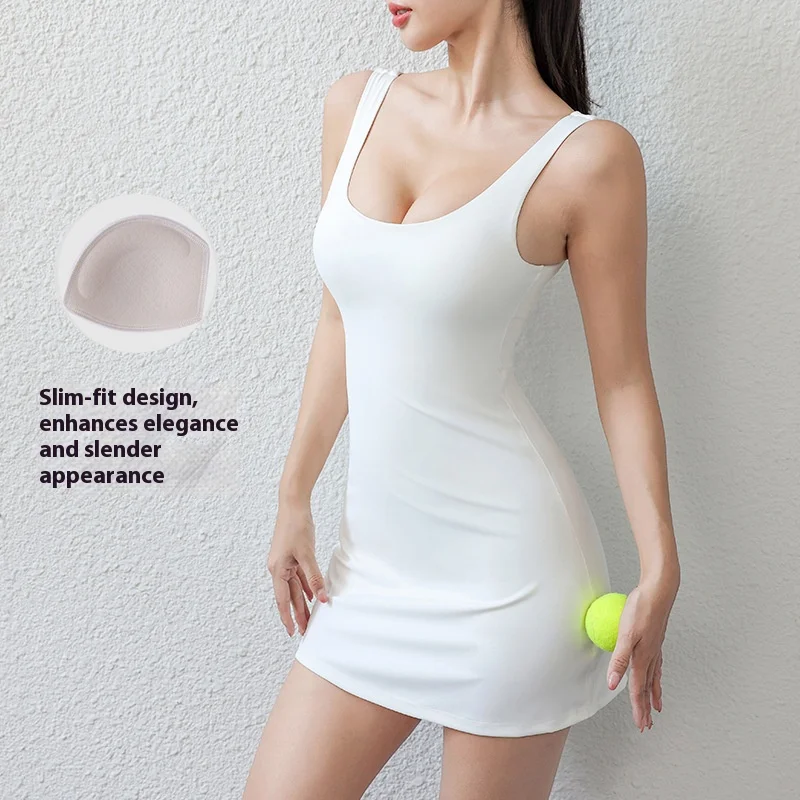 فستان تنس نسائي عالي الخصر 2025 حمالة صدر مدمجة وأكمام قصيرة سريع الجفاف مطوي Skort مضاد للغقاقة فستان الجري واليوجا والجيم