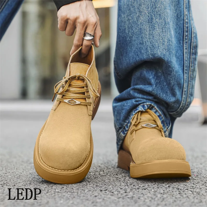 

LEDP Brand 2024 New Autumn and Winter Big Head Shoes Men's Thick Soles Increase Vintage Tooling Short Boots Plus Velvet High Top