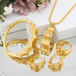 Women African 18k Gold Color Jewelry Set Pendant Necklace Drop Earrings Elegant Ladies Bangle Ring Set for Party Fashion Bangles