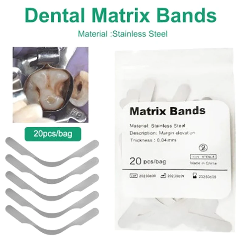 20Pcs Dental Matrix Bands Stuck Gingival Wall Lift Large Curvature Sectional Contoured Matrices Matrix Dentistry Tool