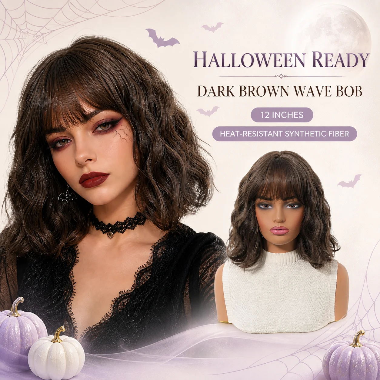 Dark Brown Short Wavy Bob Wig with Bangs 12 Inch Heat Resistant Synthetic Fiber for Women Halloween Cosplay Costume Party
