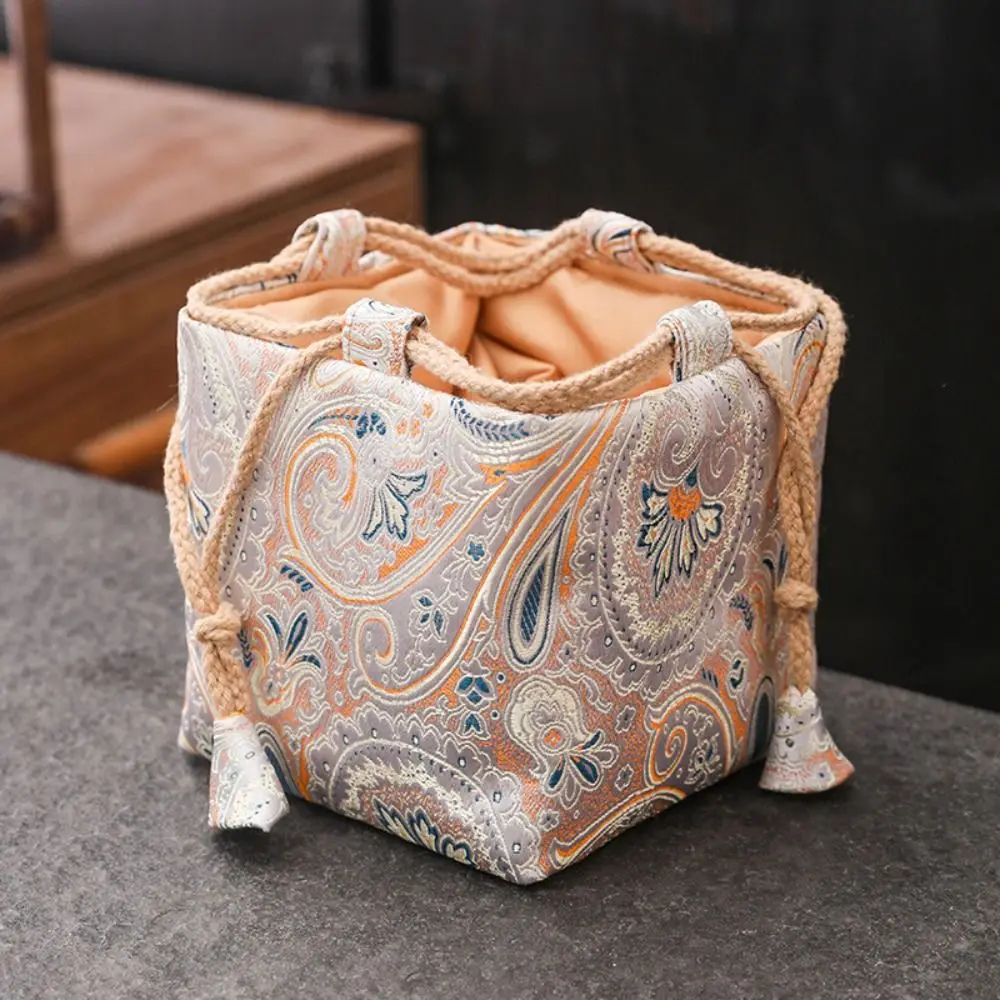Chinese Style Teacup Drawstring Cloth Pouch Print Portable Teaware Storage Bag Breakage-proof Multifunctional Small Item Pouch