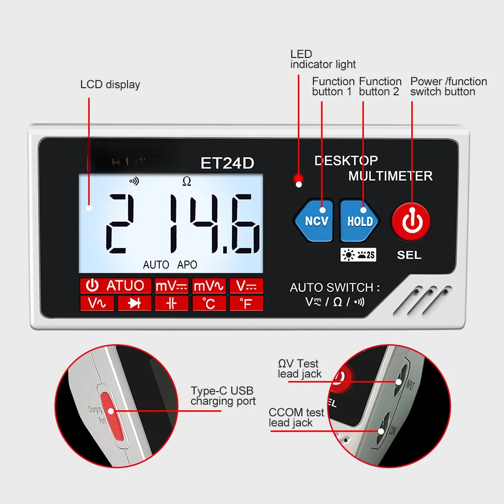 ET24D Desktop Digital Multimeter True For RMS Measurement NCV Non-Contact Voltage Detection Auto Range and Voice Function