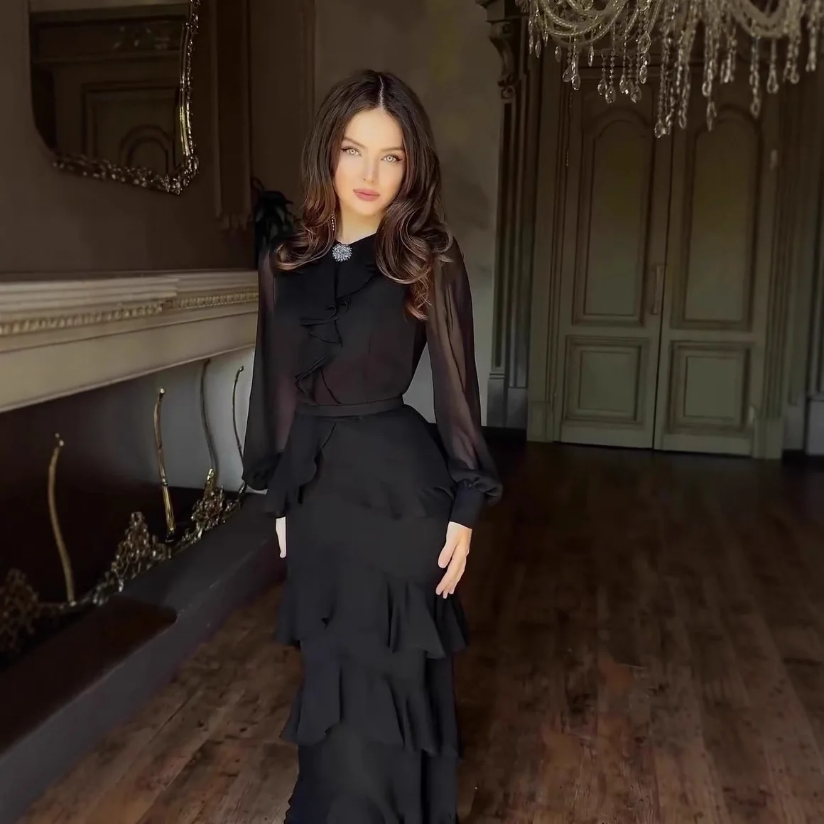 Elegante sólido cintura alta chiffon vestidos de festa mulher em torno do pescoço em camadas babados vestido longo outono manga longa vestido de noite