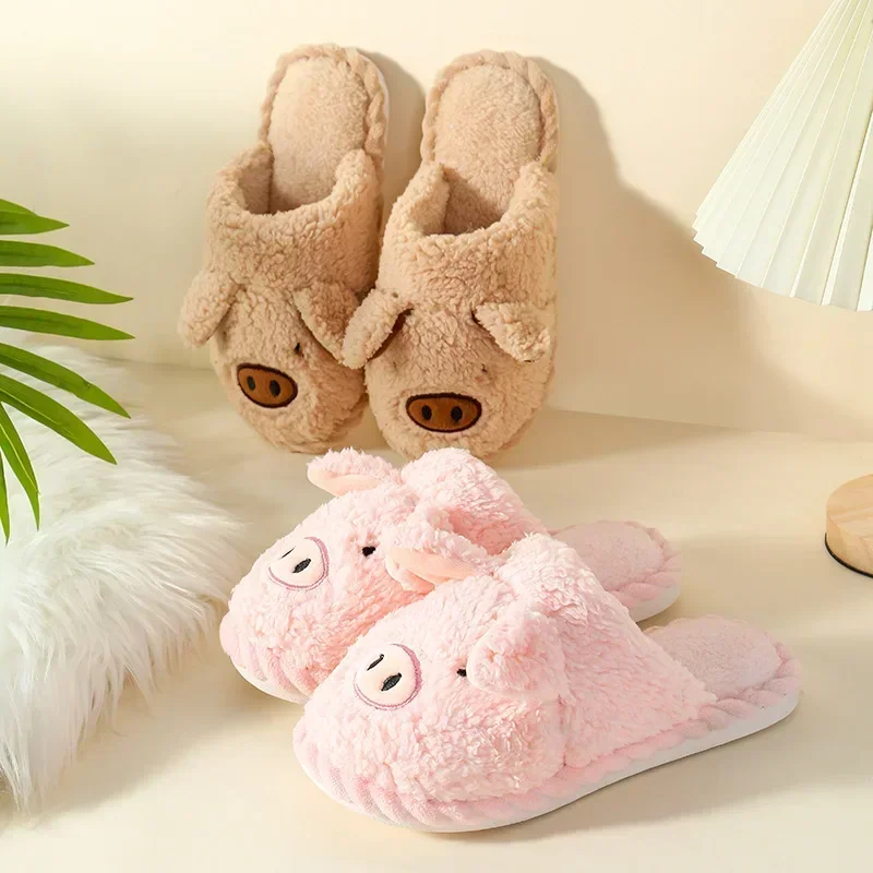 Woman Winter Cotton Slippers New Cut Lovely PIg Faux Fur Warm Slides Plush Slippers Couples Soft Sole Indoor Fluffy Slippers56