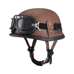 KEAZ Motorcycle German Style Leather Half Face Helmet DOT Approved Cap1/2 Shell Helmets+Goggles Open-Face Casque