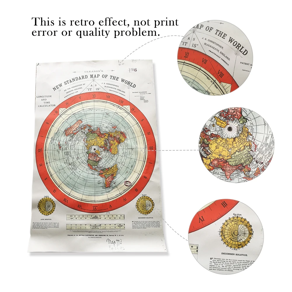 Flat Earth Map Scroll Canvas Poster Gleason\'s New  Of The World With Wooden Hanger Frame Wall Painting Picture Room Decor