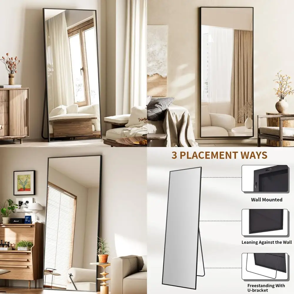 Espelho de chão de comprimento total 24x65 com suporte, estrutura de liga de alumínio, adequado para ficar em pé, pendurado ou incluir na parede, ideal f