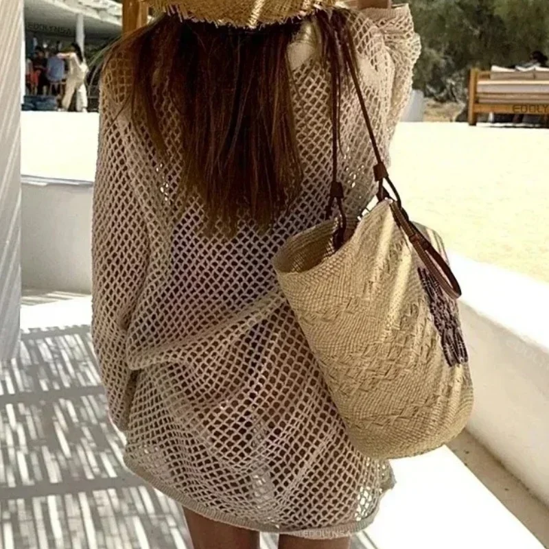 Solid Knit Mini Dress Women's Sexy Hollow Out Long Sleeve Sunblock Beach Wear Summer 2025 New Casual Holiday Swimsuit Cover Up