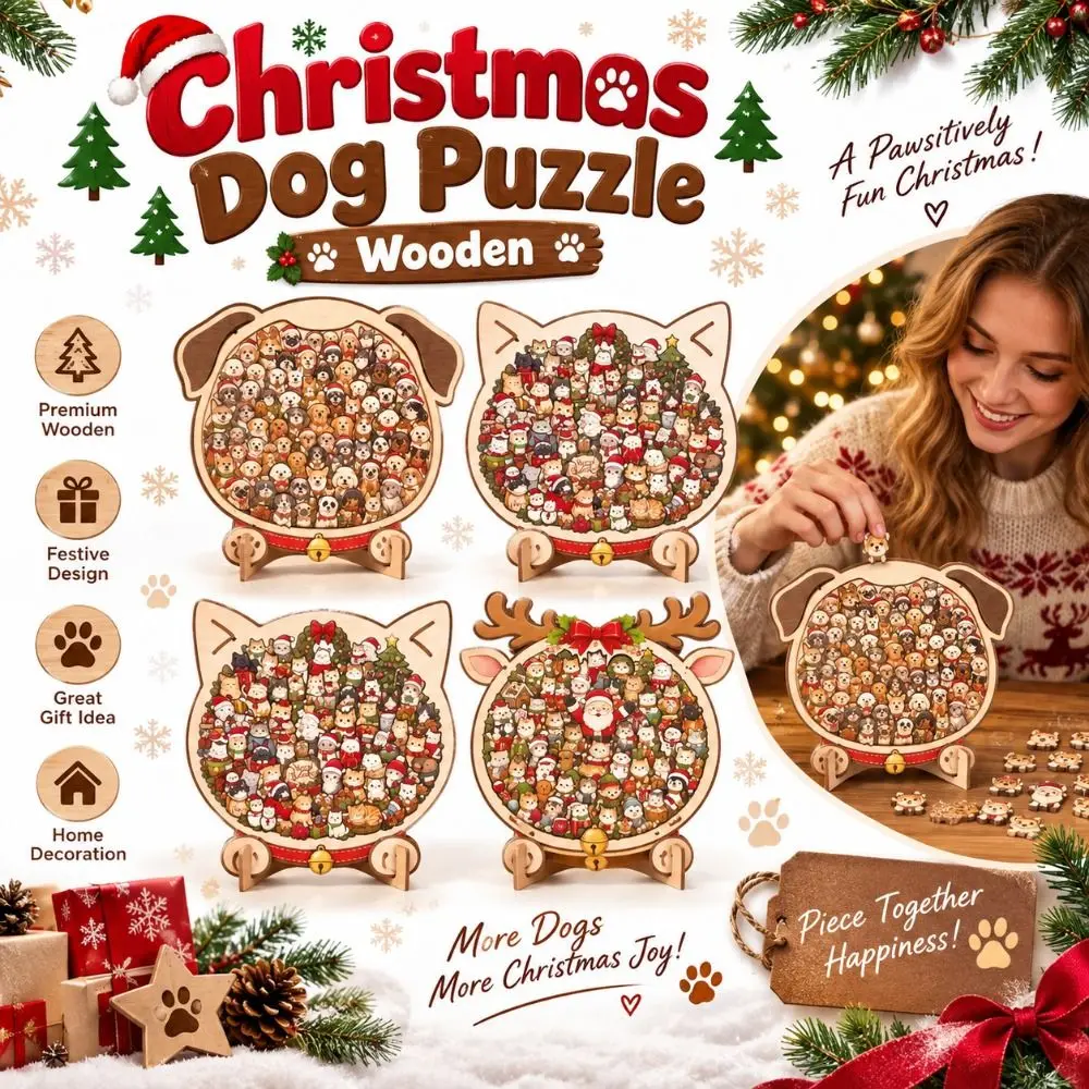 Wooden Christmas Dog Puzzle Three Dimensional Irregular Shape Puzzle Ornament Freestanding Santa Pattern Wooden Jigsaw Puzzle