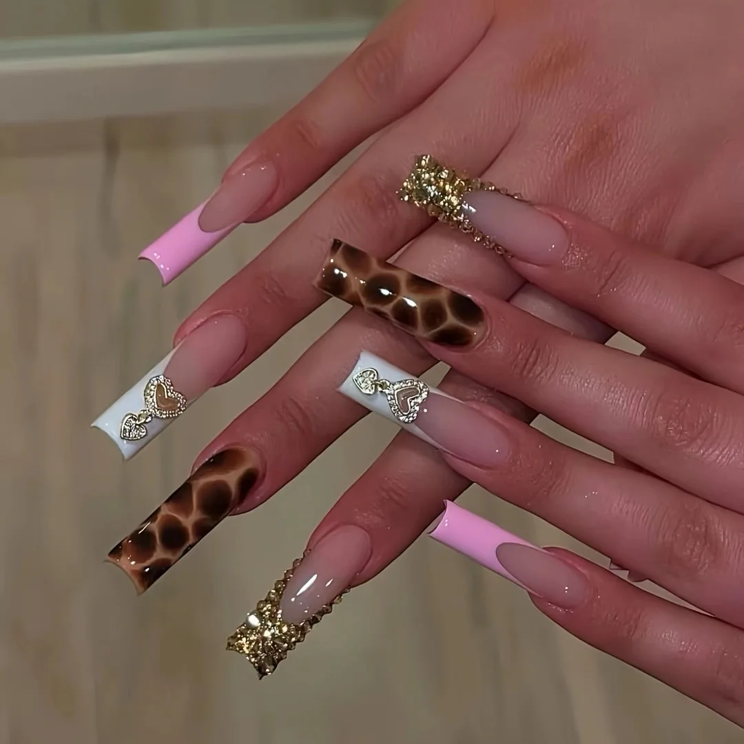 

24Pcs Long Square Head Press on Fake Nails French Leopard Print False Nails Love Heart Rhinestone Wearable Full Cover Nails Tips