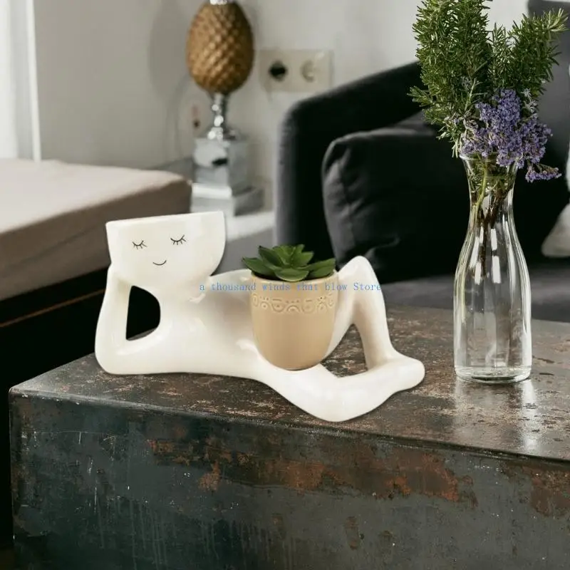 

E7CC Fake Succulents Plant Small Artificial Plant with White Human Shaped Pots