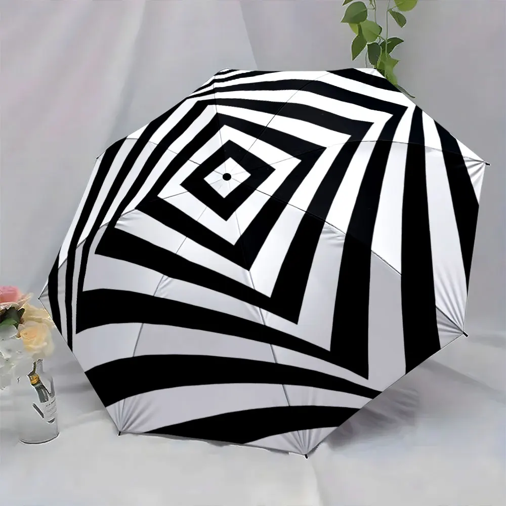1PC Black and White Geometric Patterned Umbrella Print 8 Iron Ribs Folding Umbrella Auto-Open Fashion Sunshade
