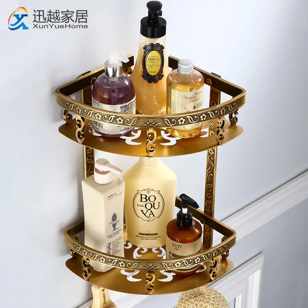 Bathroom Shelves Bath Holder Antique Gold Aluminum Storage Double Corner Rack Shower Shampoo Shelf With Hook Toliet Accessories