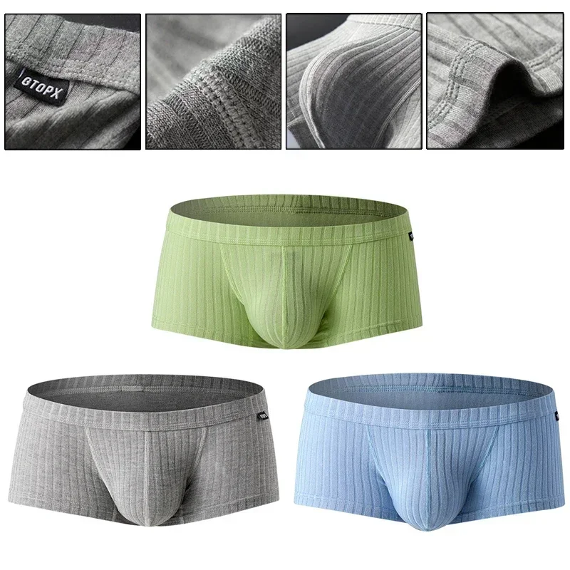 New Mens Boxer Trunks Low Waist Sweat Breathable Shorts Peni Enhancing Pouch Panties New Striped Underpants for Male Boxershorts