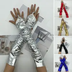 Gold Silver Wet Look Fake Leather Metallic Gloves Evening Party Bicycle Gloves Mitten Women Sexy Elbow Length Long Latex Outdoor