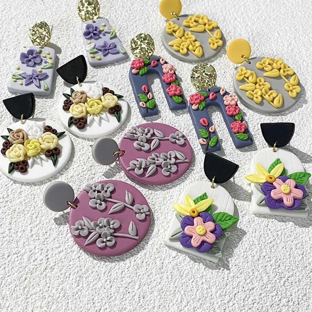 AENSOA Women\'s Multiple Three-dimensional Flower Earrings Trendy Polymer Clay Alloy Geometry Origin Chic Drop Earring Jewelry