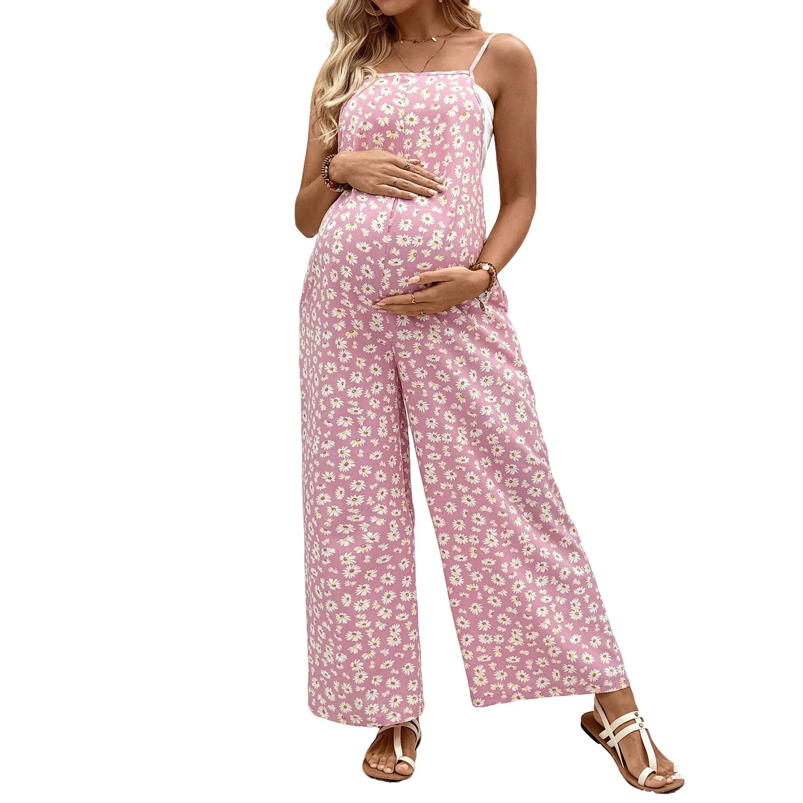 

Летний повседневный комбинезон для беременных в стиле бохо, без рукавов, с регулируемыми бретелями, широкими штанинами, свободного кроя, с цветочным принтом и карманами