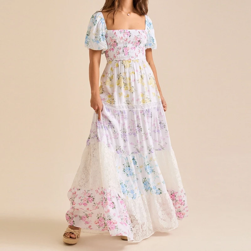 

Maemukilabe Women Boho Beach A-line Dress Y2k Floral Patchwork Maxi Dress Puffy Short Sleeve Square Neck Smocked Ruffle Sundress