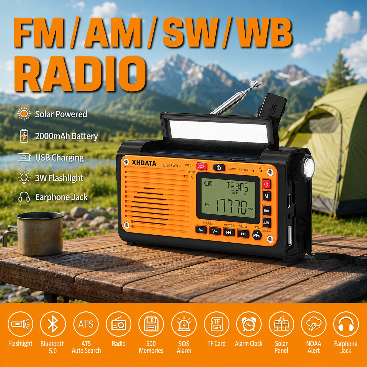 Emergency Crank Weather Radio XHDATA D-608WB FM/AM/SW/NOAA Alert Portable Radio with Phone Charger, Bluetooth, Battery Operated
