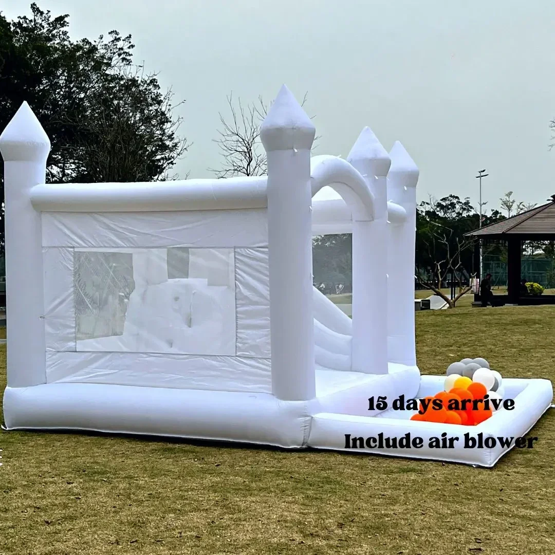 Duży dmuchany biały zamek do skakania dla dzieci, 15x13 stóp, do miękkiego zabawy, z możliwością personalizacji, wykonany z tkaniny Oxford, zawiera dmucharkę.
