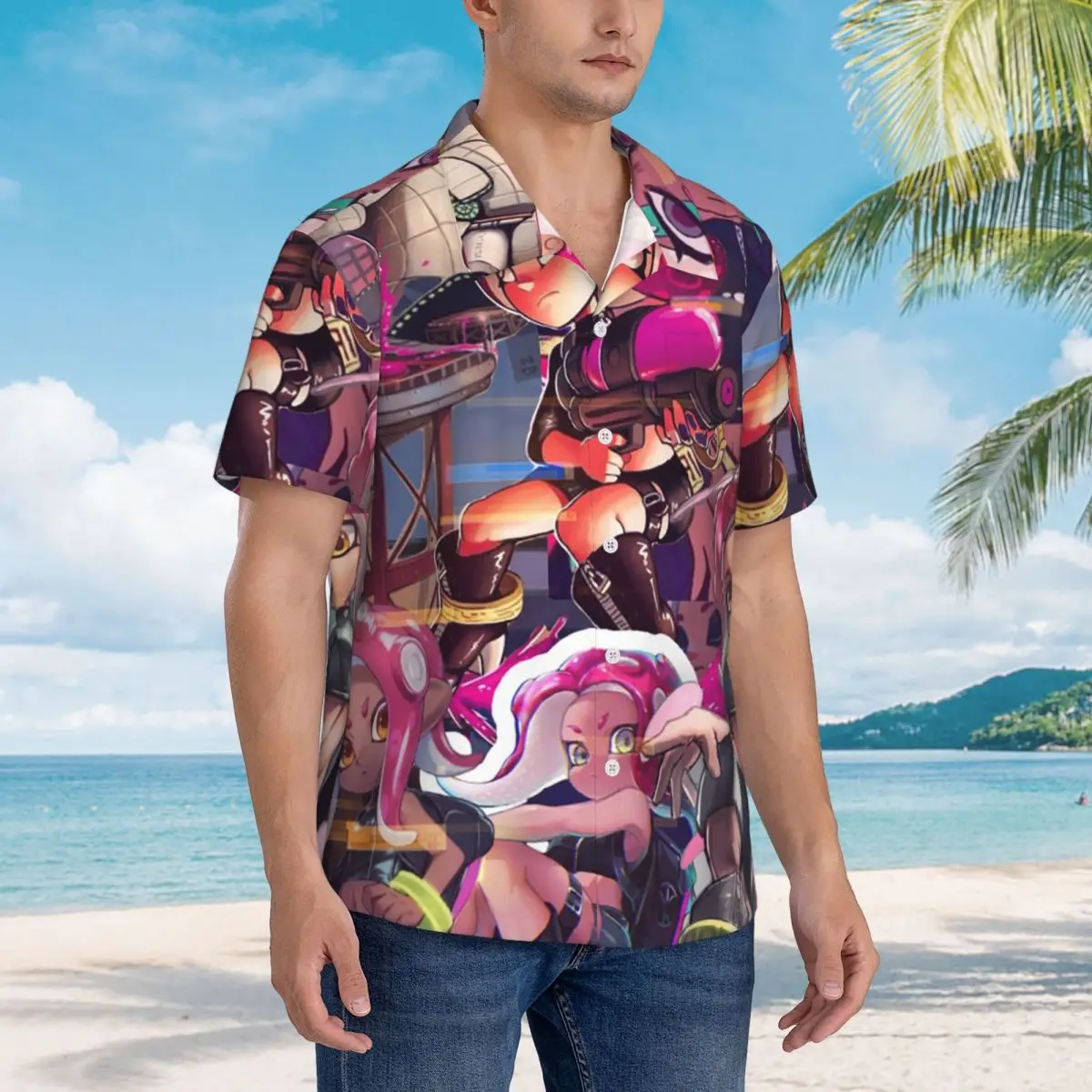 

Splatoon Play Gamer Hawaiian Shirts Casual Men Short Sleeve Shirt for Summer Beach Men's Button Tops